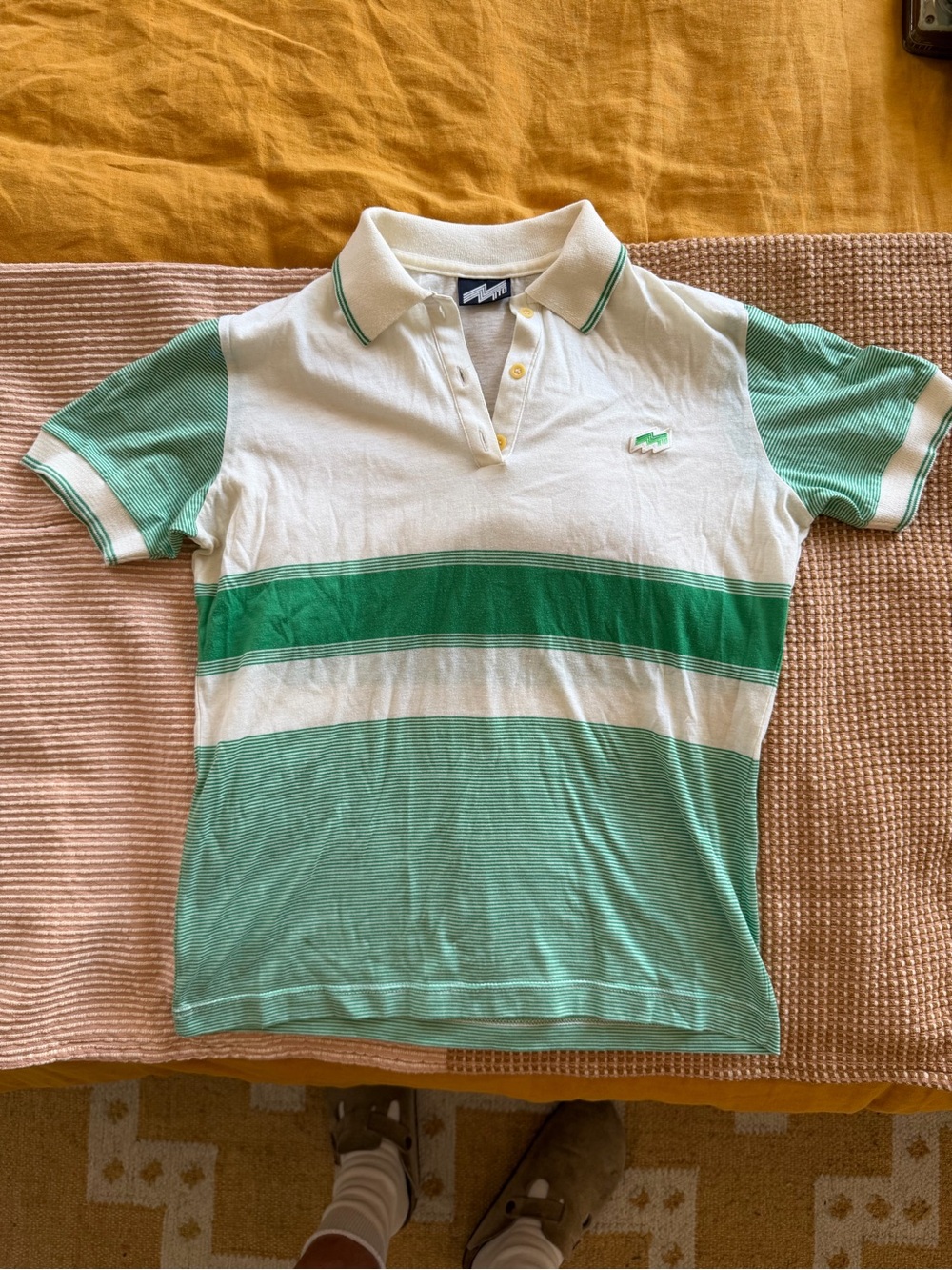 Vintage Tennis Style Men's White and Mint Green Striped Polo Shirt Preppy